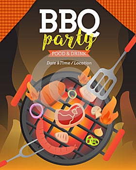 BBQ party invitation ,card or poster template with grill and food flyer vector flat style  illustration