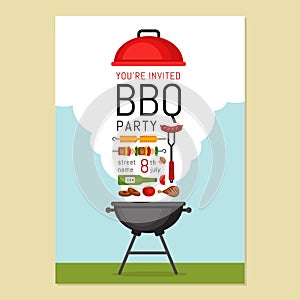 Bbq party invitation with grill and food. Barbecue poster. Food photo