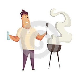 BBQ party. Man with a barbecue grill. Picnic with fresh food steak and sausages. Happy smiling man character cooking a