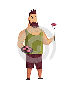 BBQ party. Man with a barbecue grill. Picnic with fresh food steak and sausages. Happy smiling man character cooking a