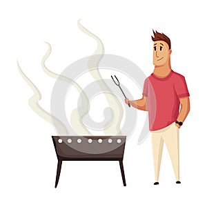 BBQ party. Man with a barbecue grill. Picnic with fresh food steak and sausages. Happy smiling man character cooking a