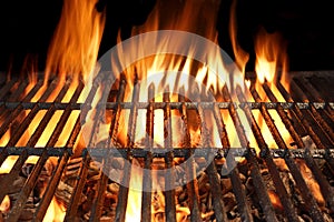 BBQ Party, Picnic Or Cookout Concept With Empty Flaming Charcoal photo
