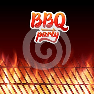 BBQ party text, grill and burning fire flames