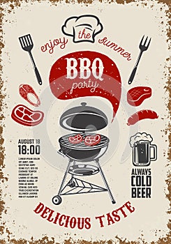 BBQ party vintage flyer on grunge background. Grill with kitchen