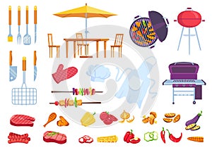 Bbq picnic food. Barbecue cooking steak, meat, fish and chicken. Cook apron, spatula, fork and knife. Cartoon summer