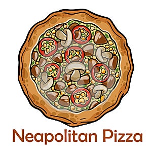 BBQ pizza with pork, chicken, bell pepper, barbecue sauce, mushroom, pesto. Neapolitan round pizza on white background