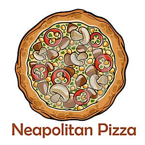 BBQ pizza with pork, chicken, bell pepper, barbecue sauce, mushroom, pesto. Neapolitan round pizza on white background