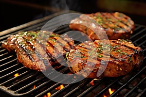 bbq pork chops with herbs and spices on grill grate