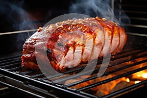 bbq pork loin on a grill chamber with smoke wafting