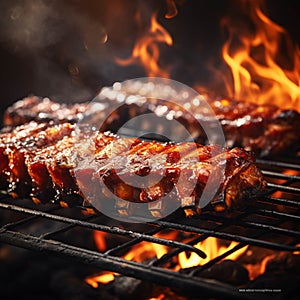 bbq pork ribs cooking on flaming grill. grilling baby back pork ribs over flaming grill