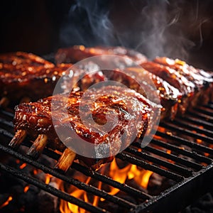 bbq pork ribs cooking on flaming grill. grilling baby back pork ribs over flaming grill