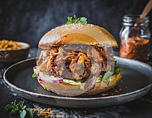 BBQ pulled pork burger on a plate and dark grey background