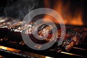 BBQ ribs cooking on flaming grill shot with selective focus, AI generated