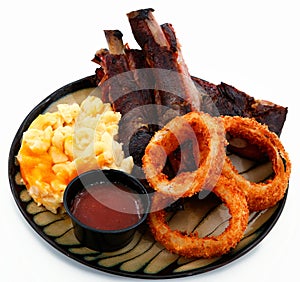 BBQ Ribs with Onion Rings and Macaroni and Cheese