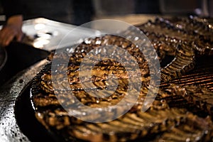 BBQ Roast Marinated Baby Back Pork Ribs. Close-up On Hot Flaming Grill Background