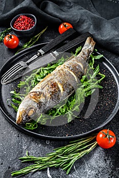 BBQ sea Bass fish with arugula, fried sea bass. Black background. Top view