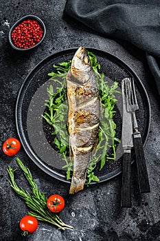 BBQ sea Bass fish with arugula, fried sea bass. Black background. Top view