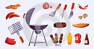 Bbq set, barbecue food and cooking stuff elements