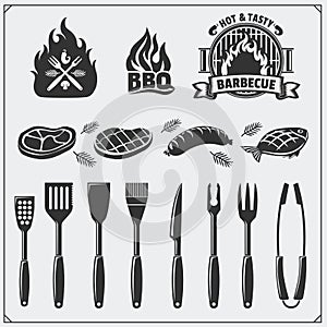 BBQ set. Steak icons, BBQ tools and labels and emblems. Vector monochrome illustration.