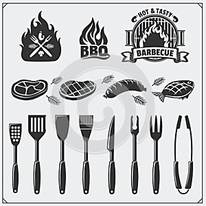 BBQ set. Steak icons, BBQ tools and labels and emblems. Vector monochrome illustration. photo