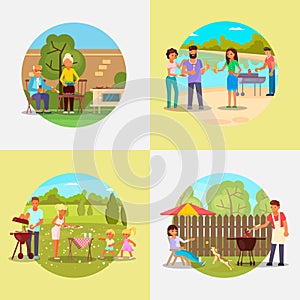 People on bbq party vector flat illustration