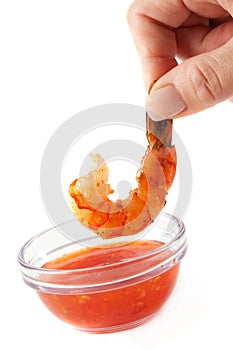 BBQ Shrimp Dipping into Sweet Garlic Chili Sauce