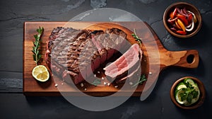 bbq Sliced grilled medium rare beef steak served on wooden board Barbecue