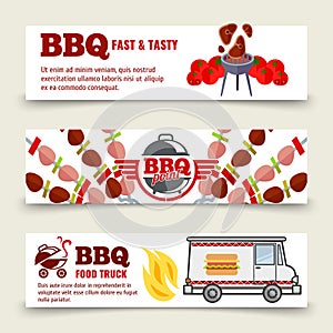 BBQ and steak horizontal banners template. Meat, barbecue and a food truck on a white background