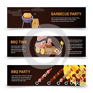 BBQ and steak horizontal banners template. Meat, coal, firewood and barbecue on a black background