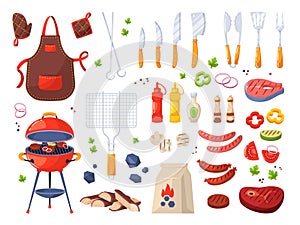 Bbq summer party objects. Barbecue elements, grilled meat, ingredients, picnic furniture, kitchen tools, apron and pot