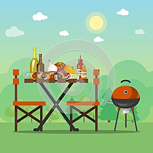 BBQ summer party vector illustration. Barbecue food is on the wooden table. Grill picnic with tasty meal on the sunny