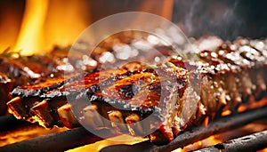 BBQ Temptation: Extreme Close-Up of Succulent Spare Ribs Grilling