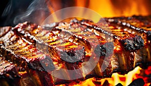 BBQ Temptation: Extreme Close-Up of Succulent Spare Ribs Grilling
