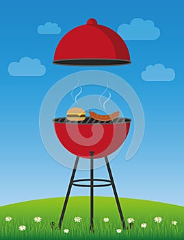 Bbq time in summer red kettle barbecue with sausage and burger