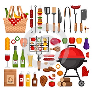 Bbq tools set. Barbecue grill isolated elements. Flat style, ve