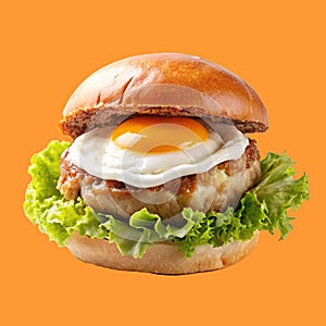 BBurger with ham, patty, egg and lettuce leaves