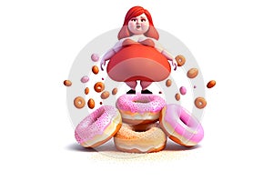bbw figurineon donuts on white background.Emotional overweight woman and appetizing donuts set on white background.ai