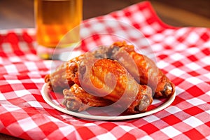 bbw wings served on a red and white checkered napkin