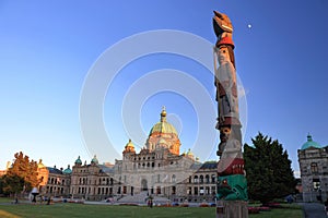 BC Parliament Building and Knowledge Totem Pole in Evening Light, Victoria, British Columbia