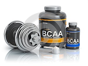 BCAA branched-chain amino acid with scoop and dumbbell.Bodybuil