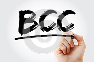 BCC - Blind Carbon Copy acronym with marker, technology concept background photo