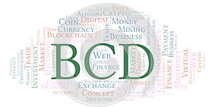 BCD or Bitcoin Diamond cryptocurrency coin word cloud.