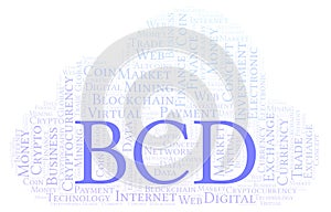 BCD or Bitcoin Diamond cryptocurrency coin word cloud.