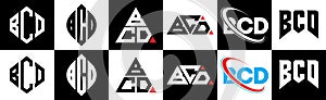 BCD letter logo design in six style. BCD polygon, circle, triangle, hexagon, flat and simple style with black and white color