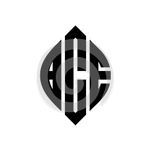 BCE circle letter logo design with circle and ellipse shape. BCE ellipse letters with typographic style. The three initials form a