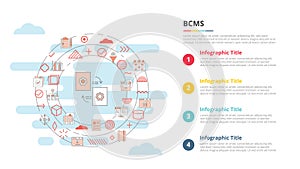 bcms business continuity management system concept for infographic template banner with four point list information