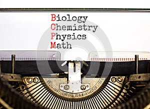 BCPM biology chemistry physics math symbol. Concept words BCPM biology chemistry physics math typed on beautiful old retro