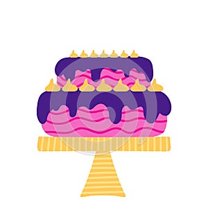 Bday cake with bizet and glaze. Holiday vertical greeting card happy birthday. Festive elements on a white background