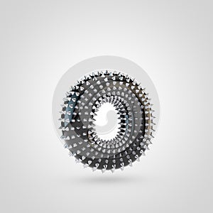 BDSM black latex letter O lowercase with chrome spikes isolated on white background