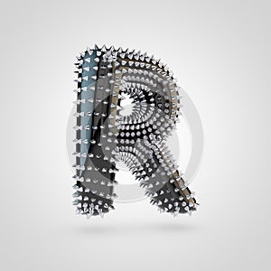 BDSM black latex letter R uppercase with chrome spikes isolated on white background